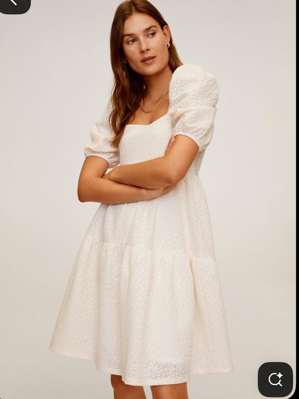 Mango Cream Puff-Sleeve Tiered Square-Neck Dress